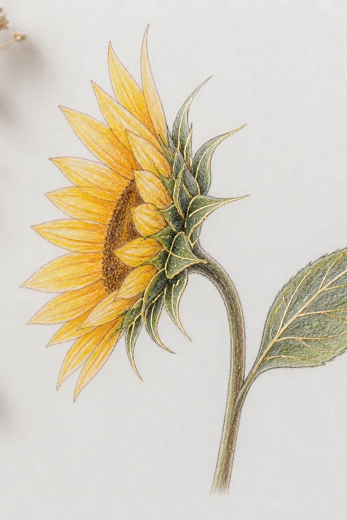 Side sunflower ink drawing with tiny gold leaf accents on petal veins