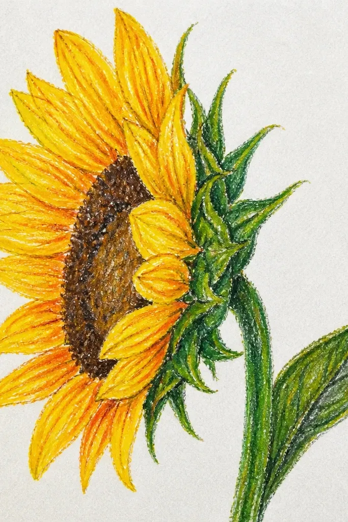 Side sunflower in soft pastel with chalky bright highlight ridges