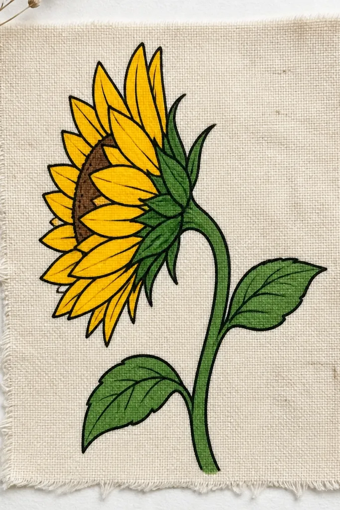 Side sunflower drawing over a fabric-texture background swatch