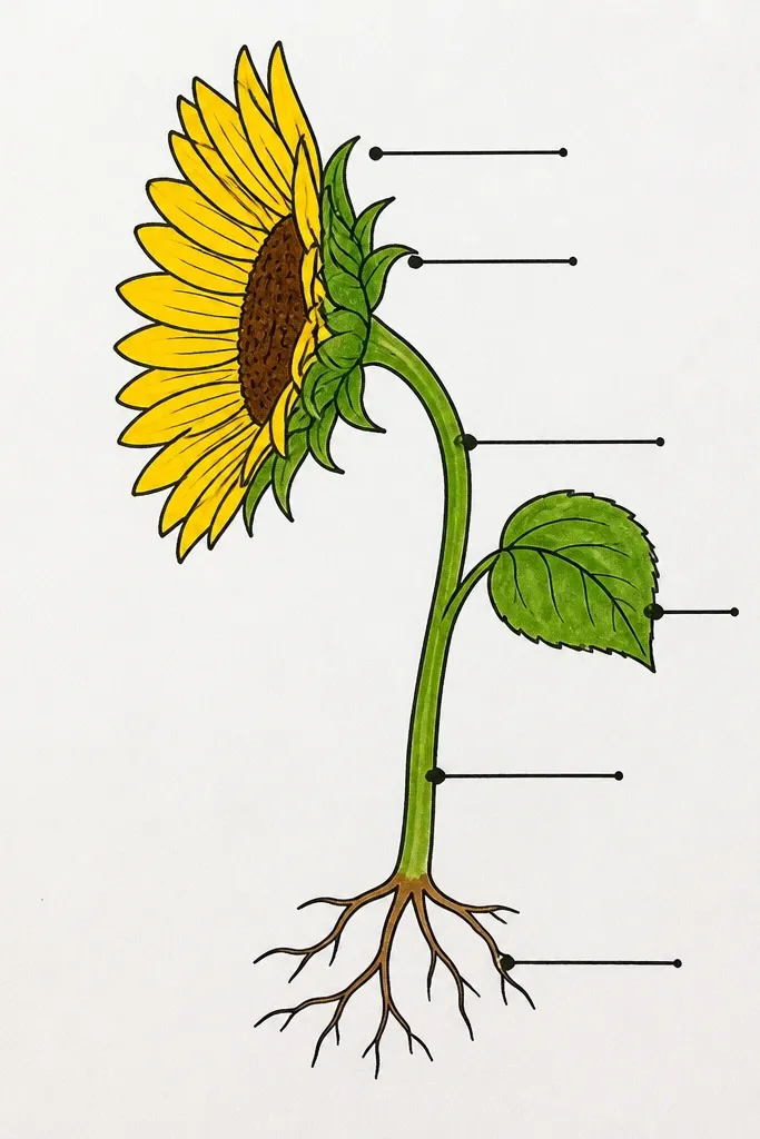 Side sunflower with neat labels pointing to petal folds and shadow areas