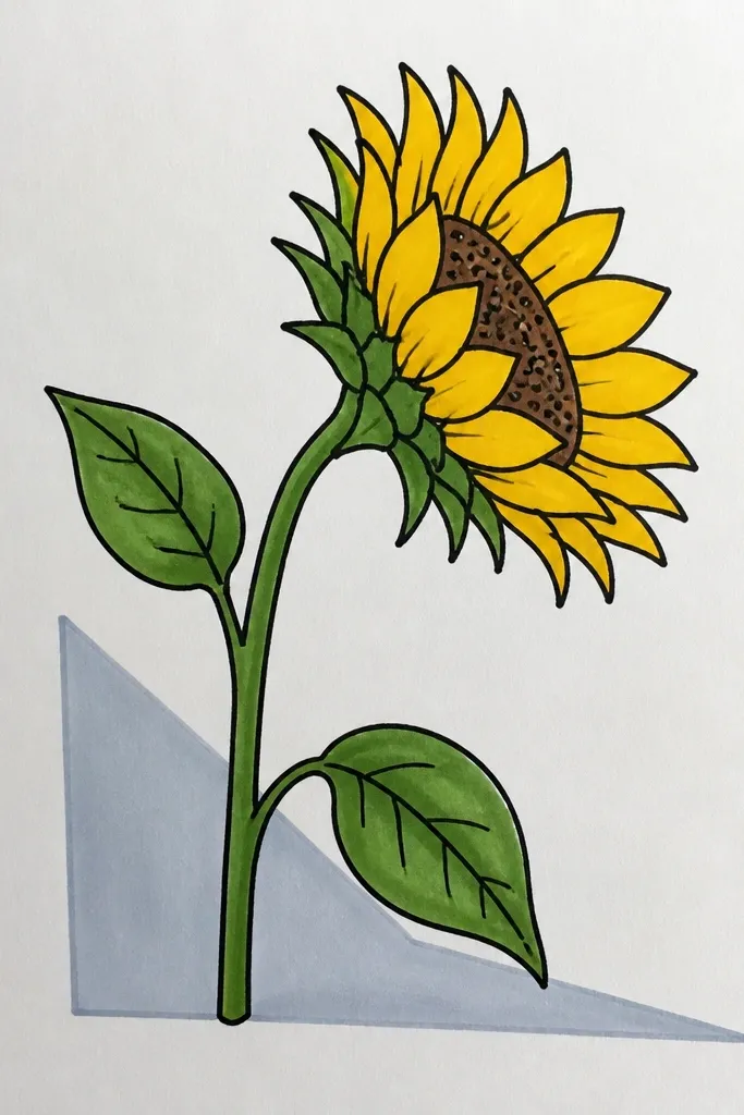 Side sunflower with a crisp geometric shadow shape on white background