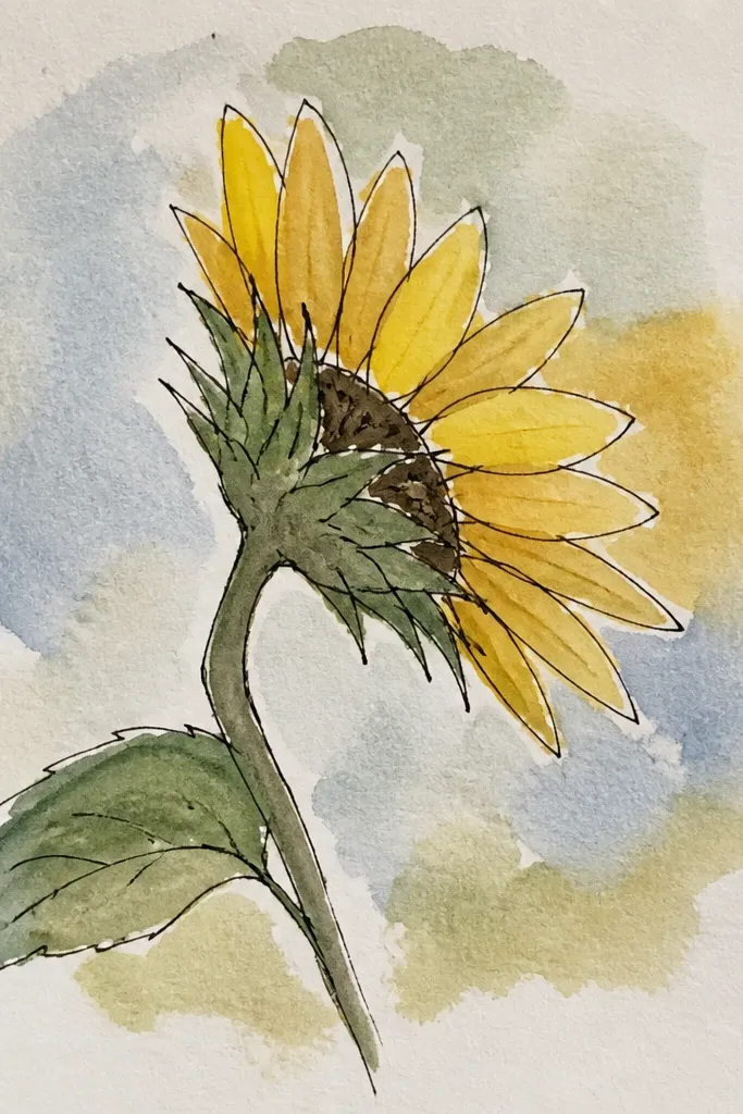 Side sunflower with monoline ink outlines and small watercolor wash tips