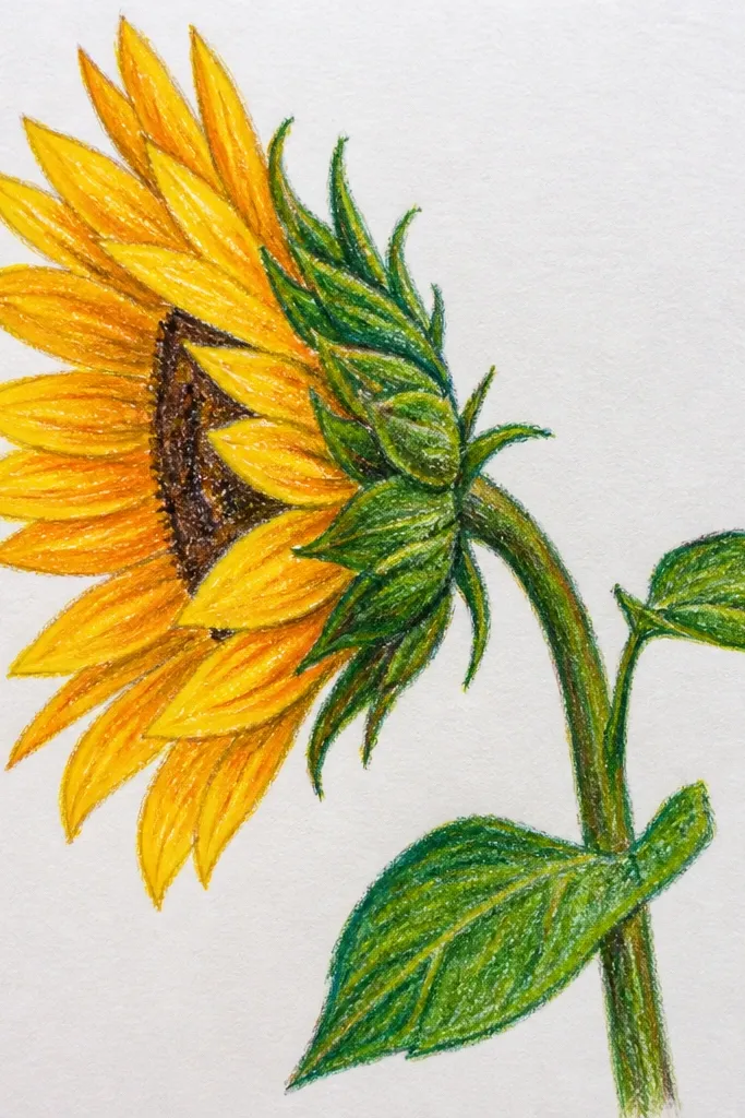 Side sunflower drawing with glossy peel-like highlight spots on petal edges