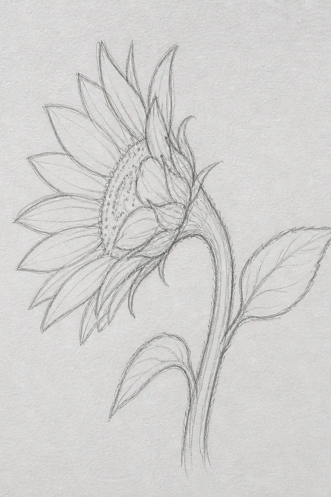 Side sunflower on cardstock with embossed petal lines and shadow shading