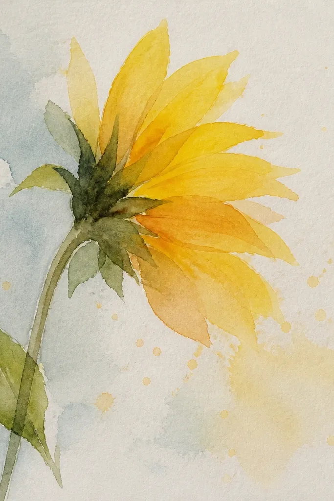 Side sunflower with crisp masked highlight shapes created by tape