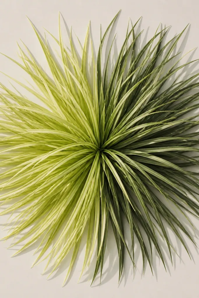 A fan-shaped arrangement of grass blades in a circular layout. The left side is pale yellow-green with crisp highlights, while the right side is deeper olive with visible shadow strokes. The center has a tighter cluster of blades, and the outer edges thin out.