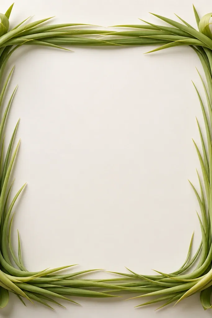 A photo frame design with lemon grass blades forming a border around a central empty rectangle. The blades are tall at the corners, shorter along the sides, and shaded with yellow-green to olive gradients. The corners look slightly curled, like fresh leaves.