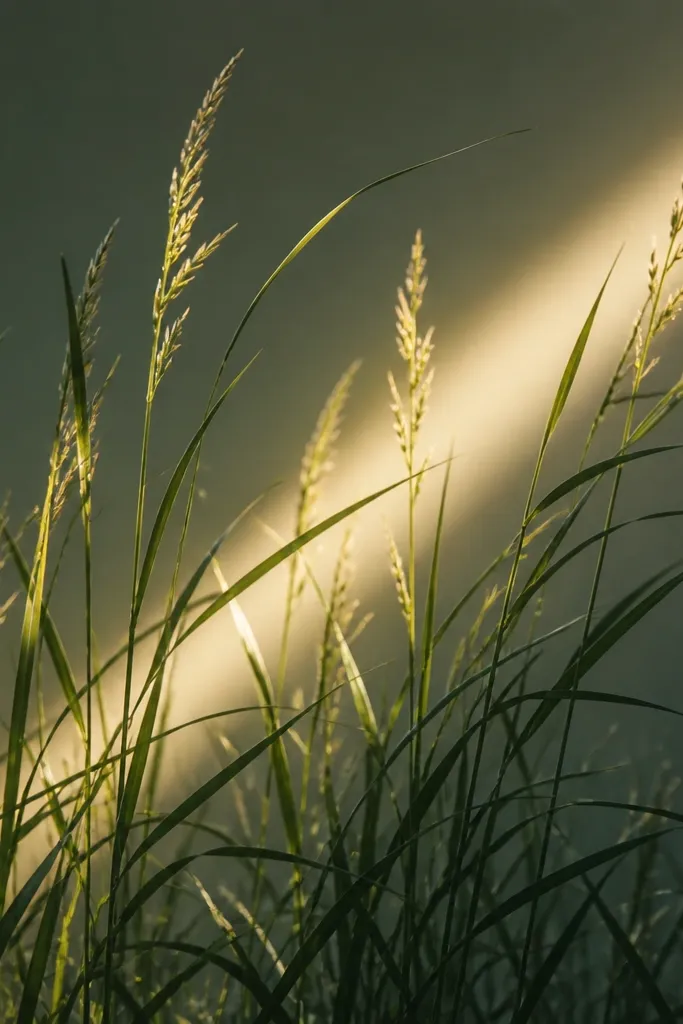 A vertical tall-grass drawing with a single bright sunbeam stripe behind the blades. The stripe runs diagonally from lower left to upper right, while the grass blades cross in front. The tips look sunlit, and the shadows fall opposite the stripe direction.