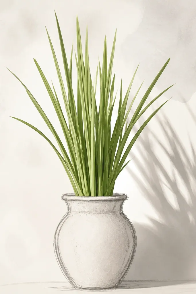 A minimal still-life style artwork: lemon grass blades rising from a drawn ceramic pot silhouette. A soft, realistic shadow falls to one side, and the blades have clear highlight edges. The background is mostly off-white with a gentle grey wash.