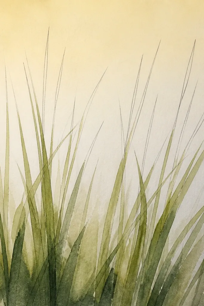 A soft watercolor piece where the background fades from pale yellow to light grey. Lemon grass blades rise with loose green washes, but the top third is defined by pencil blade tips. The base has darker olive pooling where blades overlap.