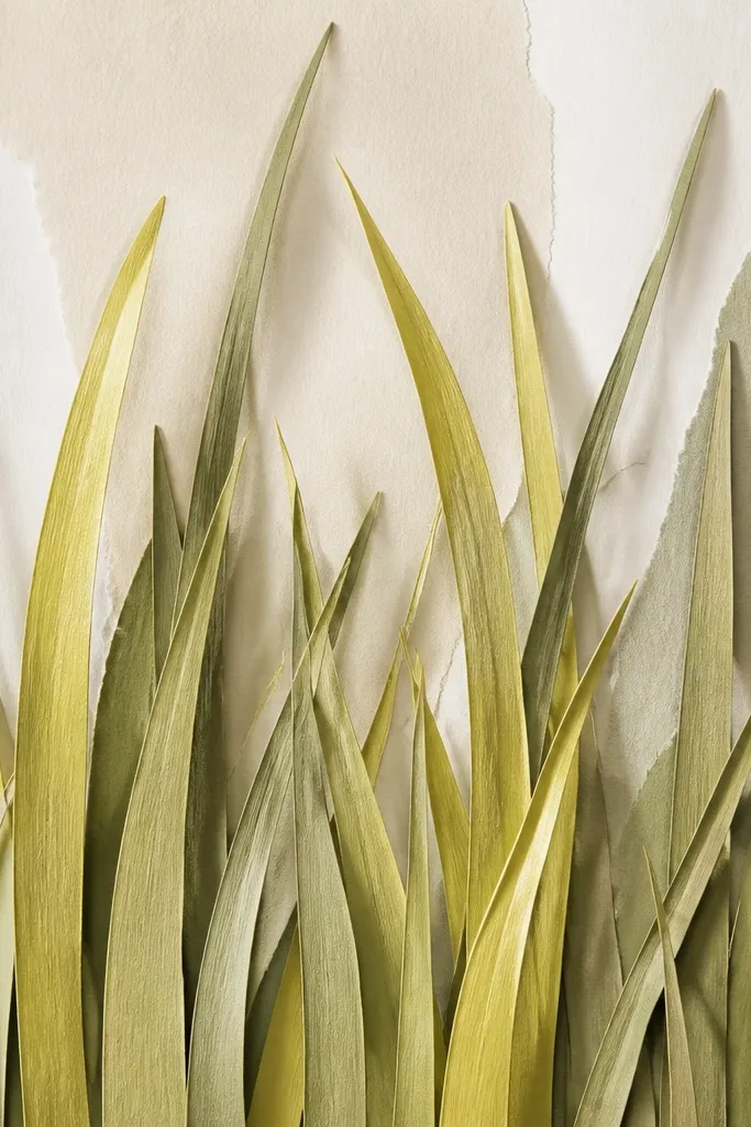 A mixed-media wall art with layered paper strips cut into grass blades. The blades are colored in yellow-green and olive, layered for depth, and attached to a paper background. Small hand-drawn shadow lines add realism at the edges.