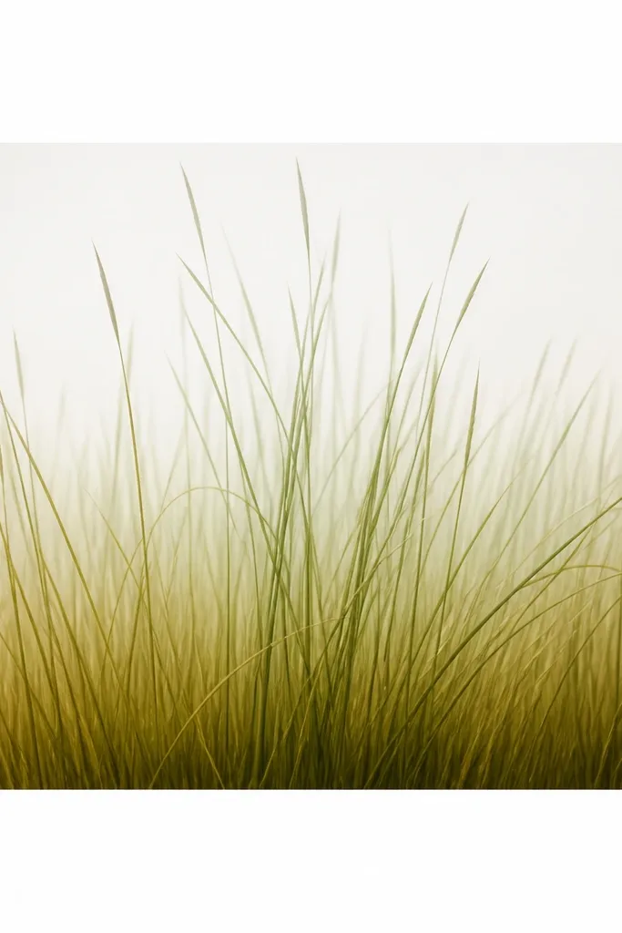 A long horizontal artwork with tall blades clustered in the center. The base has a strong ombre from pale yellow to deep olive, and the blades taper in color as they rise. The background is light and clean.