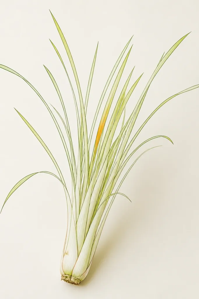A mostly line-drawn lemon grass piece. The blades are outlined in a thin dark green, with pale yellow-green fill on the tips. One accent blade near the center is colored a warmer yellow-orange, standing out against the rest.