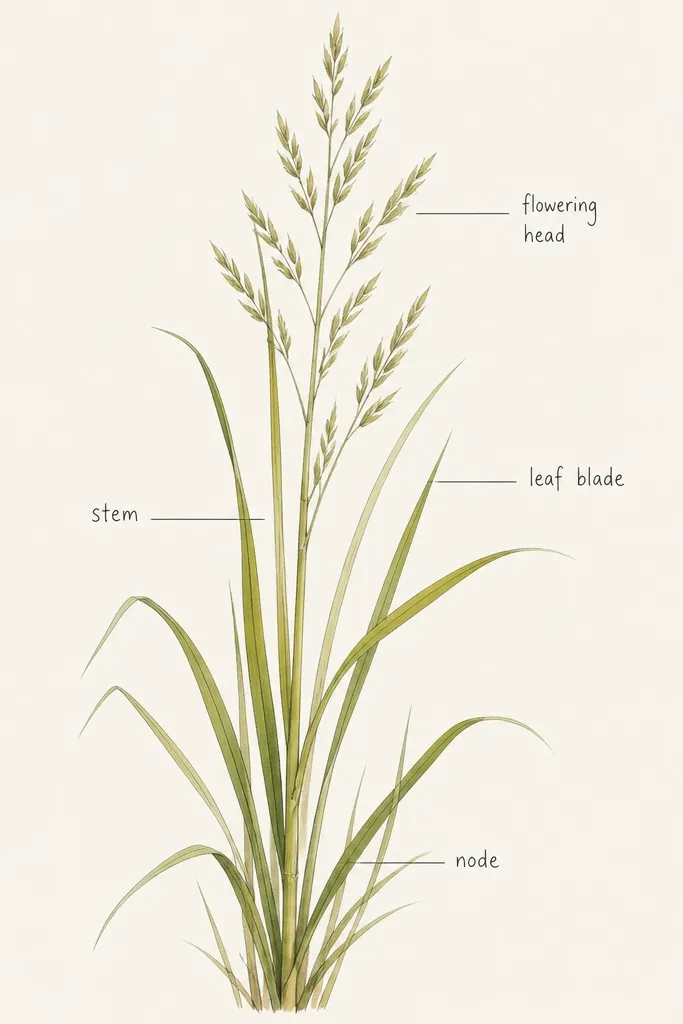 A tall grass drawing with small handwritten labels near a few blades. The labels are in neat cursive or block handwriting with thin leader lines pointing toward specific sections. The grass has yellow-green highlights and olive shadows, and the background stays plain.