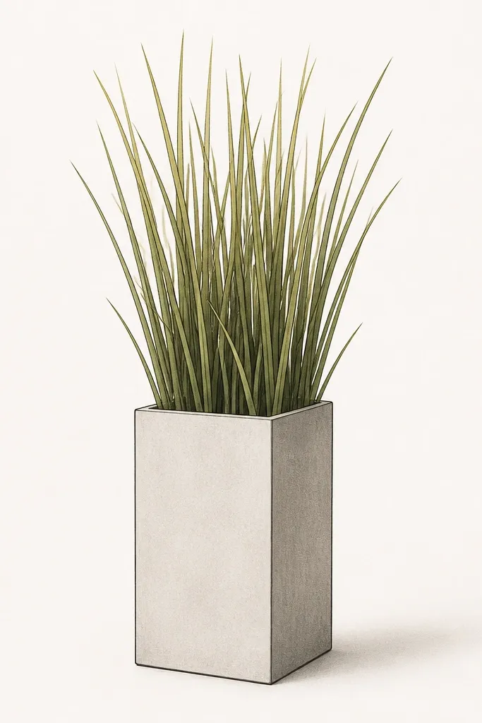 A tall grass drawing contained inside a rectangular vase shape. The vase is drawn with simple linework and a subtle grey shading. Grass blades rise above the vase rim, with yellow-green tips and darker olive shadows inside the vase area.