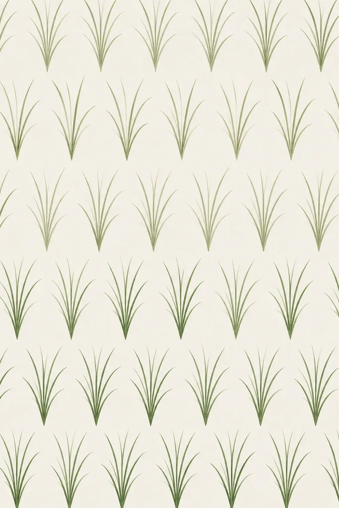 A pattern-like artwork where grass blades repeat across the page. The blades line up in rows with consistent spacing and angles, but each row has slight shading differences. The background stays plain and the overall effect looks like repeating botanical wallpaper.