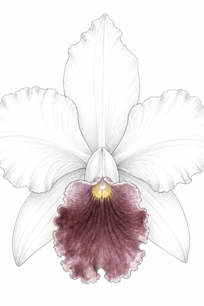 A clean white page shows one Laelia orchid bloom in light gray pencil outlines. The center lip is darker with a soft maroon wash, and a tiny yellow highlight sits at the lip's top center. Side petals stay mostly outline-only with faint shading near the base.