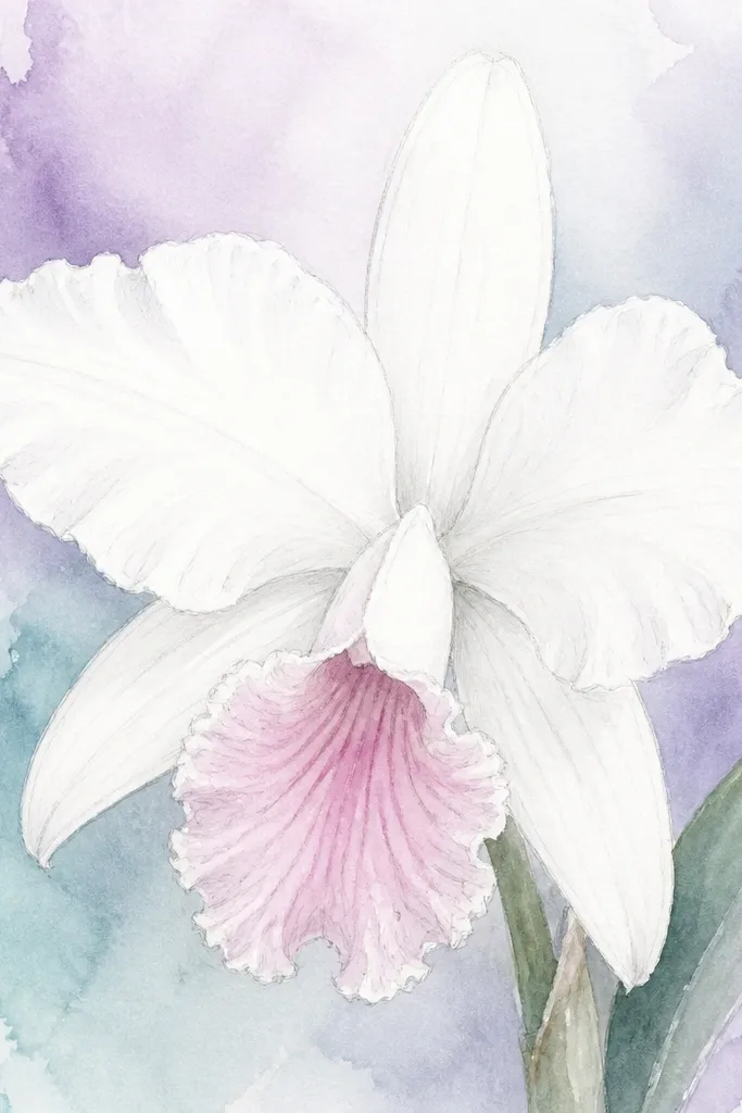 A pale lavender and watery teal wash fills the background around a single Laelia orchid. The orchid petals are left mostly white with only light pencil guides, and the lip has a soft rose-pink tint.
