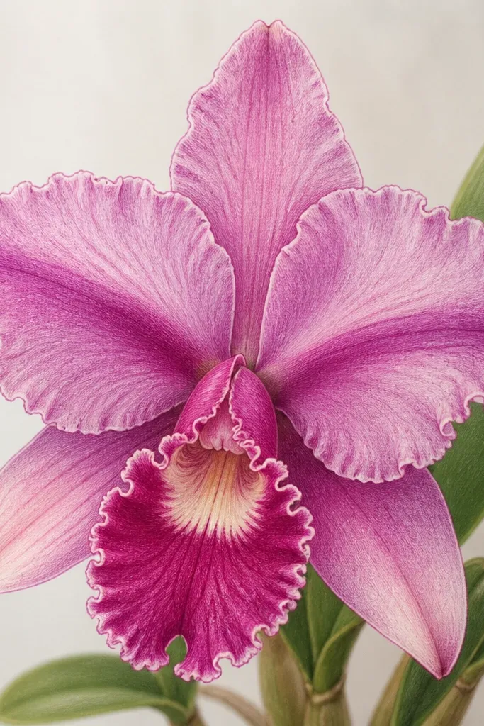 A Laelia orchid drawn with colored pencil shows clear ruffle lines on each petal. Side petals have soft gradients from light near edges to darker at bases, all shaded in the same direction, with a bright cream highlight on the lip.