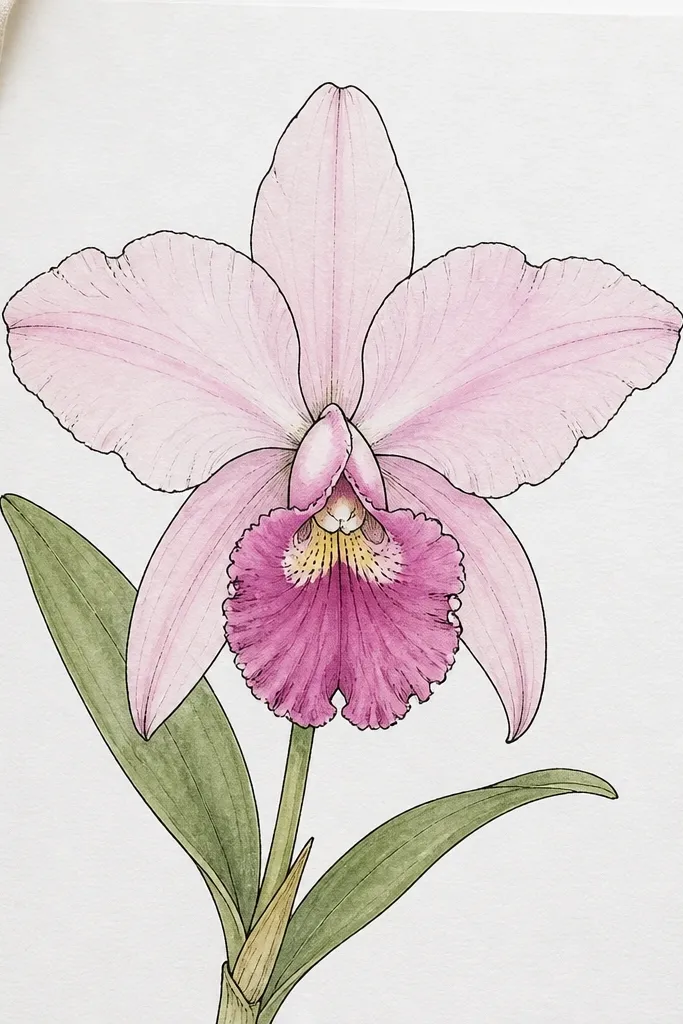 Dark ink outlines of a Laelia orchid sit on white paper. The petals have light watercolor color washes: pale pink on the side petals and a stronger magenta on the lip, with tiny yellow dots near the center.