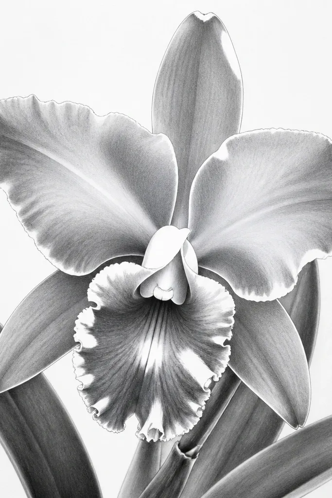 A grayscale Laelia orchid drawing where the petals have soft graphite gradients and crisp white highlights. A few highlights appear as untouched paper shapes along the petal edges and on the lip.