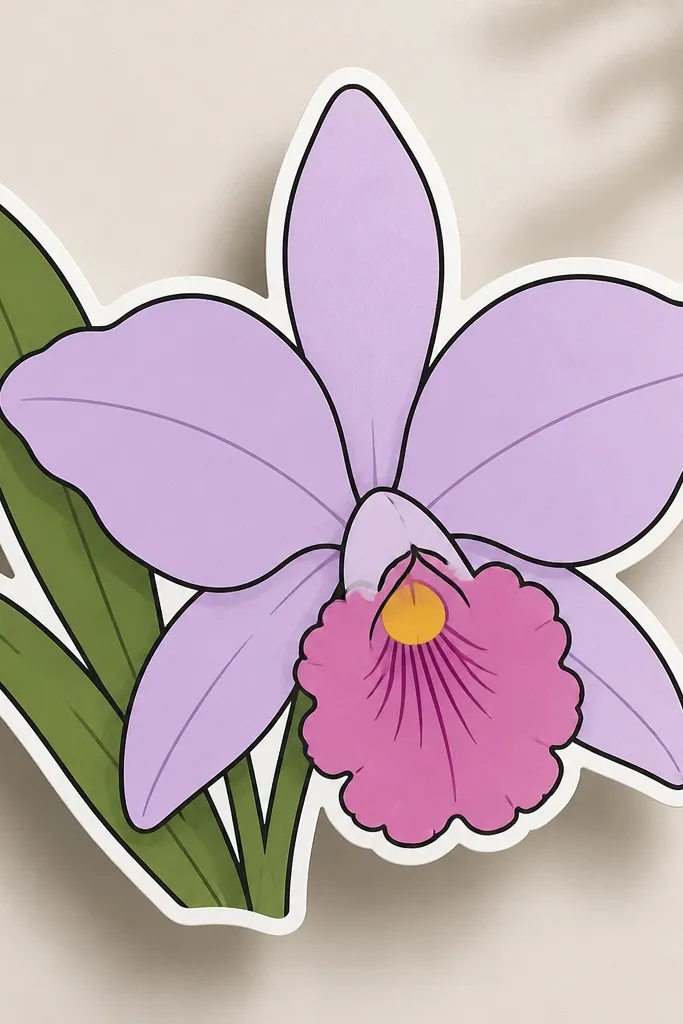A Laelia orchid looks like a sticker: bold dark outlines, flat pastel fill, and a thick white border around each petal. The lip has a pink fill with a yellow center dot.