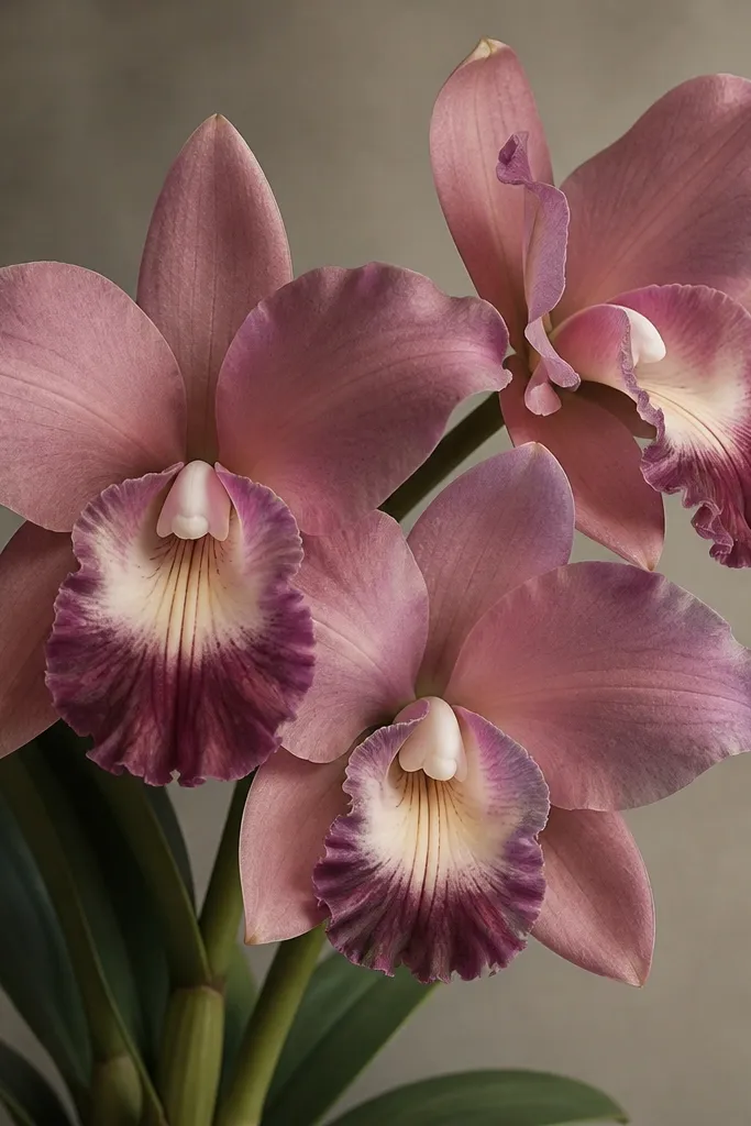 A page shows three Laelia orchids grouped together. Two blooms face forward with visible lips, and one bloom sits slightly angled. Colors include muted mauve, plum shadows, and cream highlights.