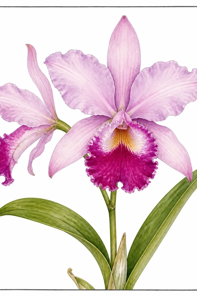 A Laelia orchid drawing sits inside a thin rectangular frame drawn with a dark pencil or pen. The background is plain white, and the orchid has soft watercolor petals with a strong magenta lip.