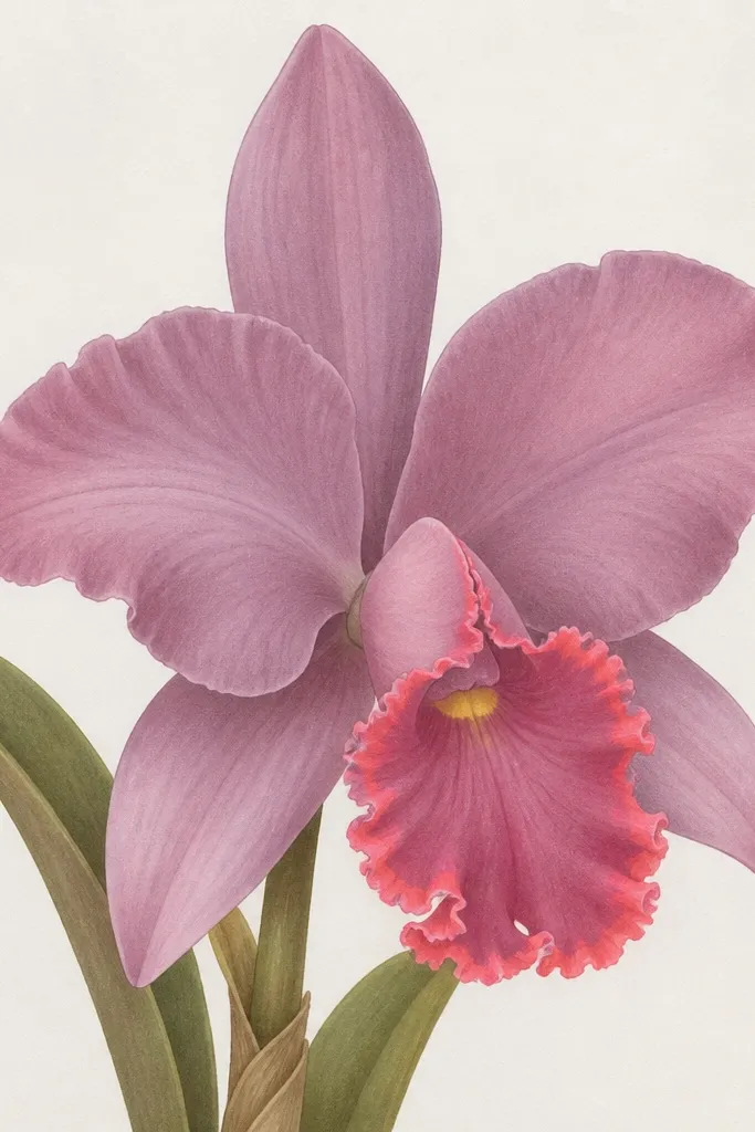A Laelia orchid drawing with mostly muted mauve petals. The lip has a neon coral edge highlight, and the center has a tiny neon yellow dot. The rest of the petals stay soft and subdued.