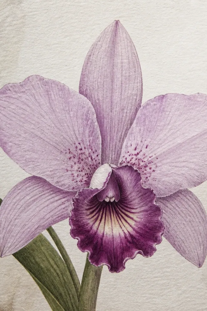 A Laelia orchid on textured mixed media paper. The petals have layered pencil and a few watercolor freckles near the base. The lip is darker with a soft plum gradient and a cream highlight.