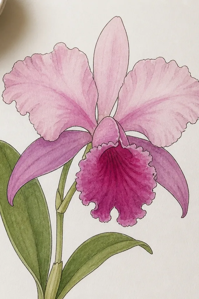 A Laelia orchid drawn with a single consistent marker line weight. The petals have soft watercolor bleeds inside the outlines, with a plum base and pale pink top. The lip has a darker magenta center.