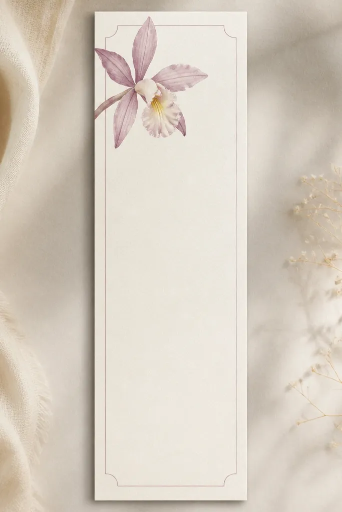 A tall bookmark design shows a small Laelia orchid drawn in the top corner. There's a thin vertical line border and the orchid petals are shaded with mauve and cream, with a tiny yellow center dot.