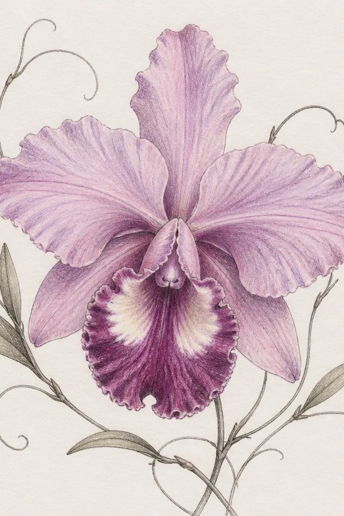 A Laelia orchid drawing with a few curling stems and small leaves. The orchid is centered with mauve petals, a plum shadow at the base, and a cream highlight on the lip. The vines are drawn in thin dark pencil lines.