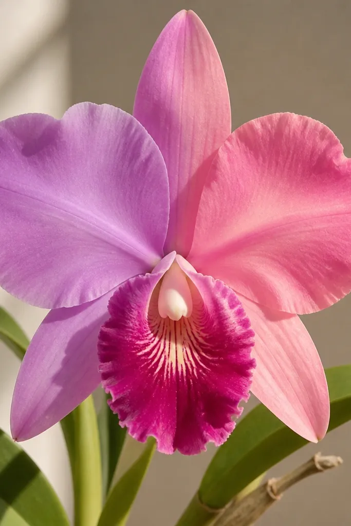 A Laelia orchid drawn with two contrasting color families: cool mauves on one side and warmer pinks on the other. The lip has a deeper magenta with cream highlights, and the side petals show a subtle split gradient.