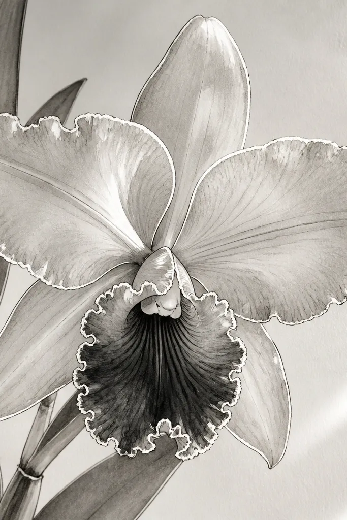 A Laelia orchid drawn in black ink with a light gray wash inside the petals. The lip has a darker ink wash gradient, and bright white gel pen highlights trace the petal edges and fold lines.