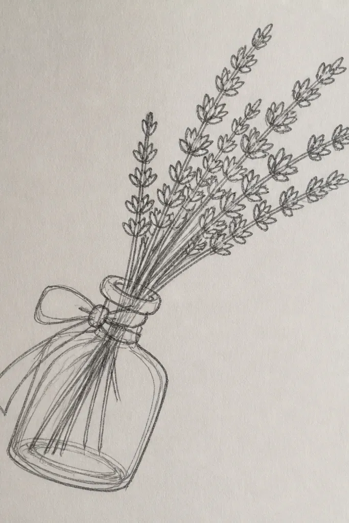 Lavender bouquet drawn diagonally in a low clear glass bottle