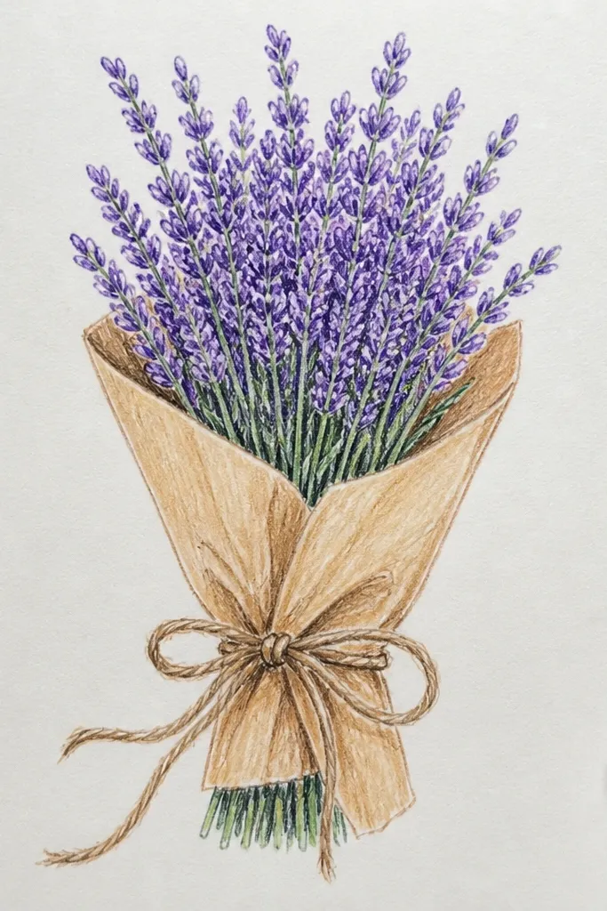 Lavender bundle wrapped in brown paper tied with twine