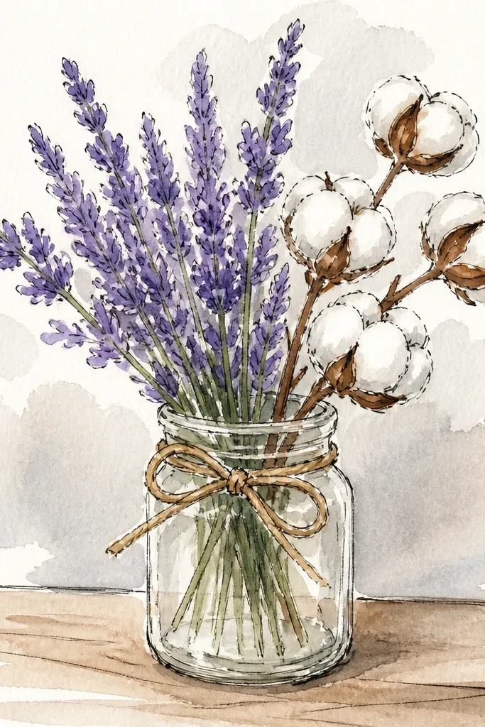 Lavender spikes and cotton-like puffs in a jar drawing