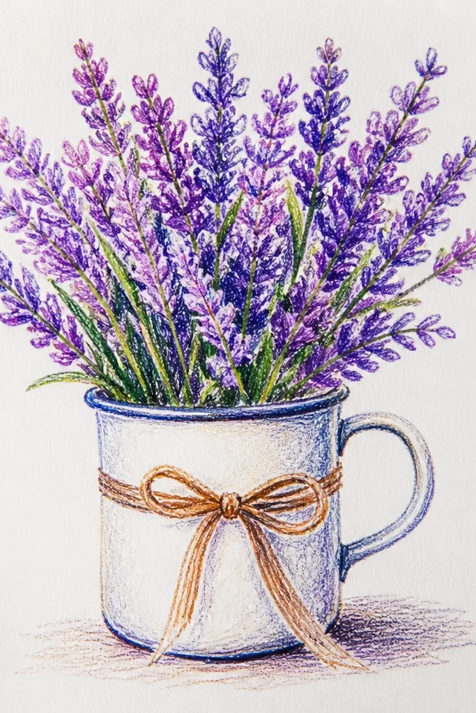 Lavender bouquet coming out of a white enamel mug