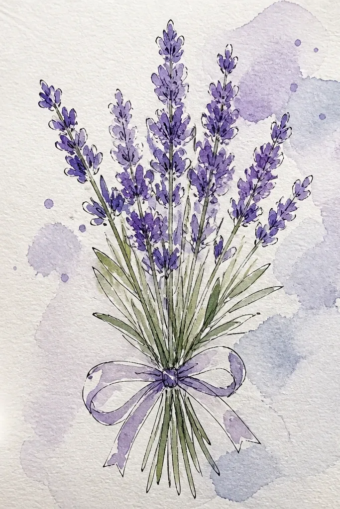 Lavender bouquet outlined with a light watercolor wash background
