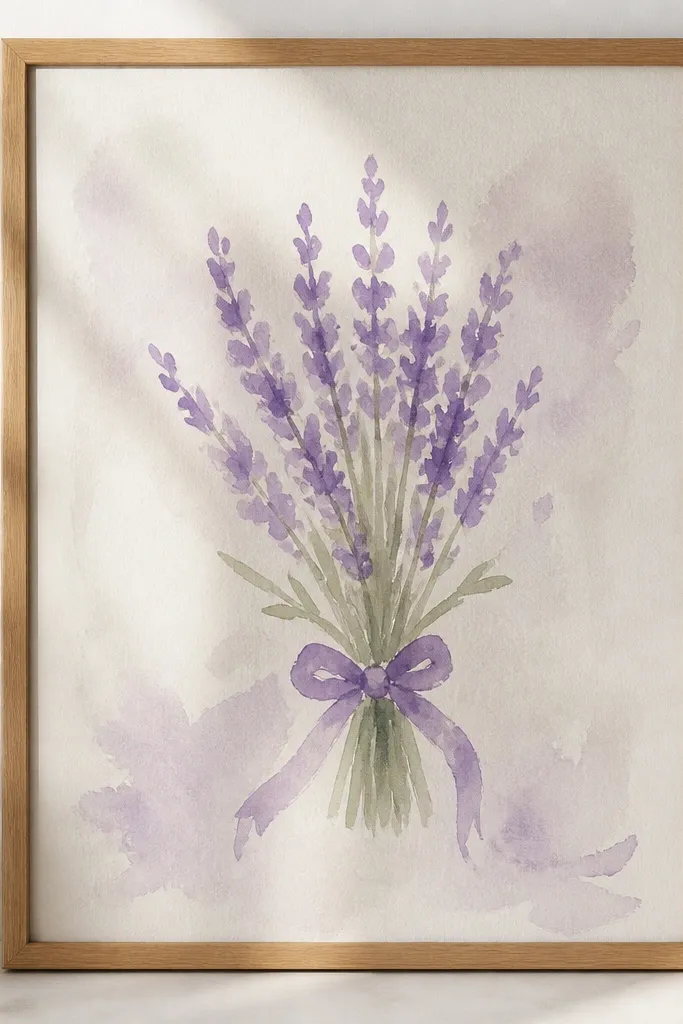 Minimal lavender bouquet line drawing framed with a border
