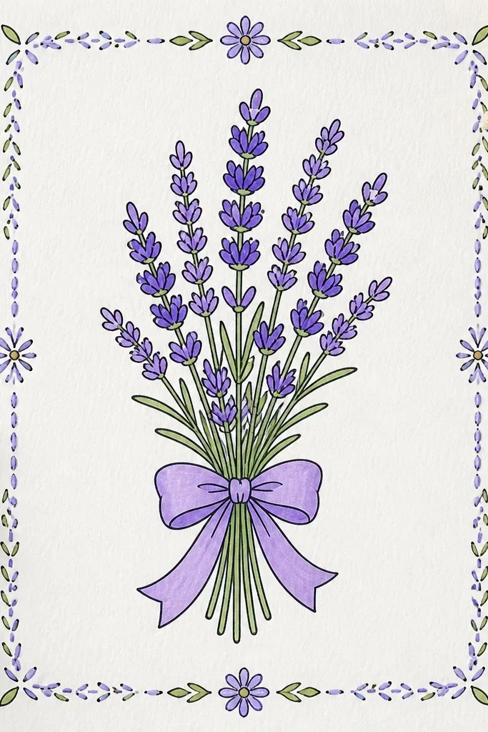 Lavender bouquet with a decorative stitching-style border