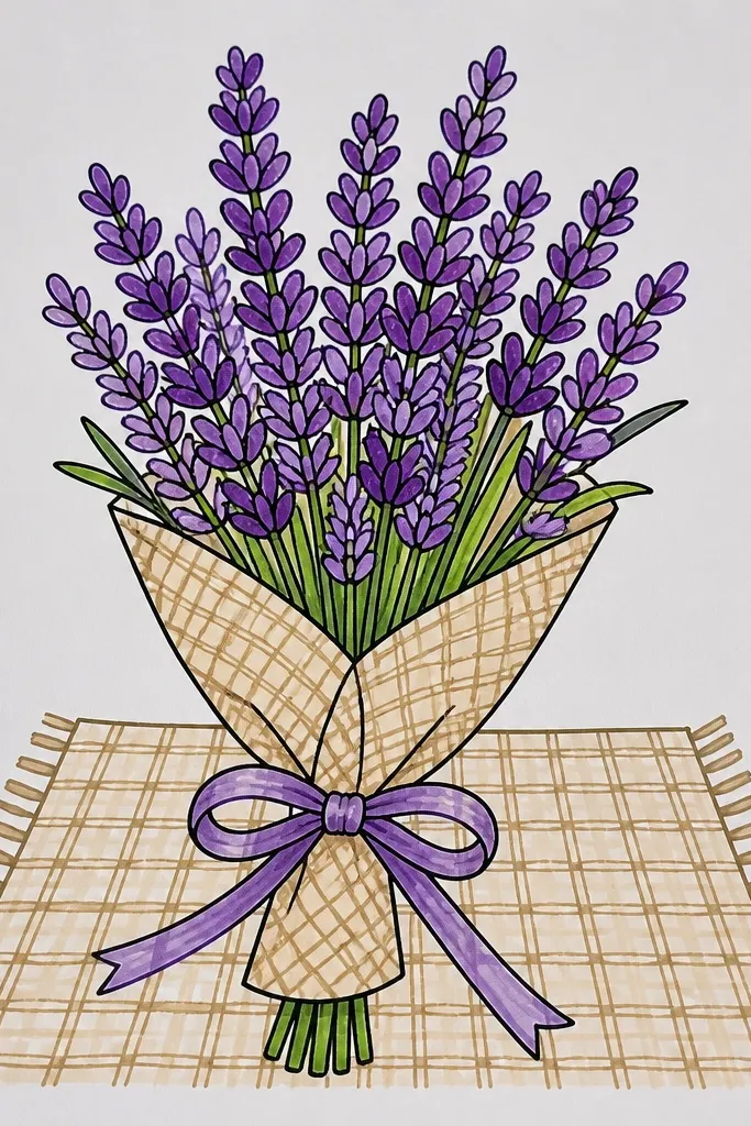 Lavender bouquet resting on a drawn woven tablecloth pattern