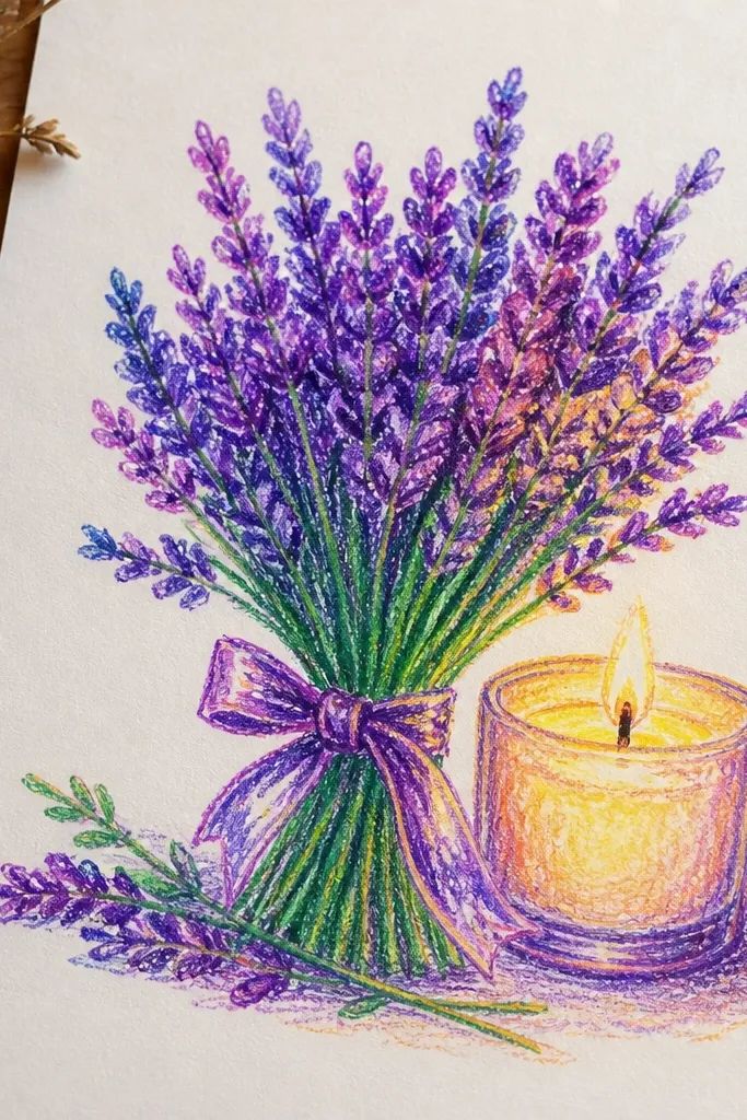 Lavender bouquet beside a candle with soft glow shading