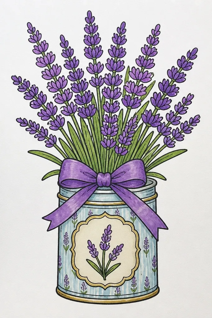 Lavender bouquet in a tin can with a patterned label