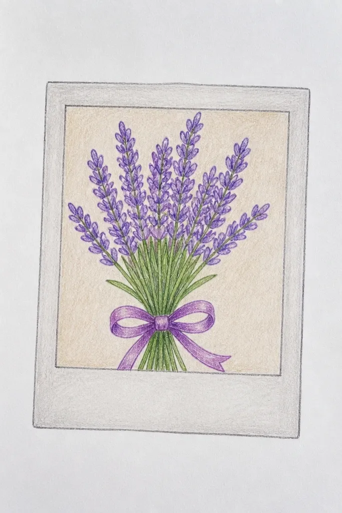 Lavender bouquet inside a polaroid-style white frame