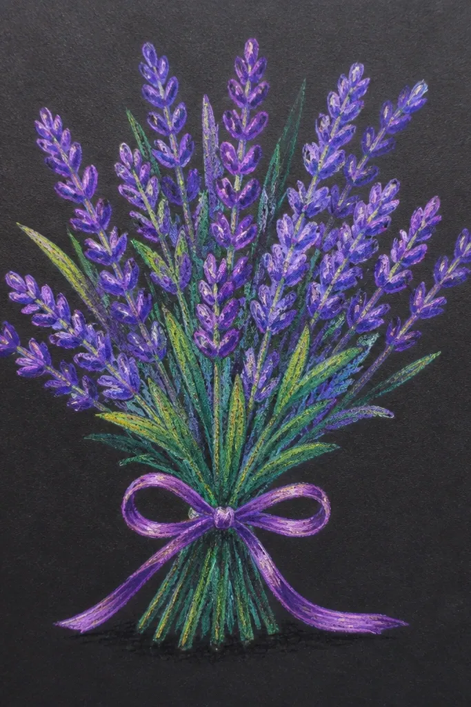 Lavender bouquet drawn against a dark background with soft light highlights