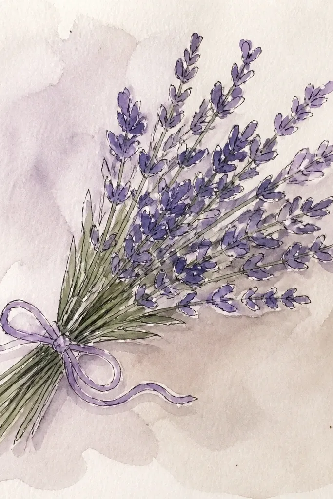 Top-down flat lay of lavender bouquet on paper with simple shadows