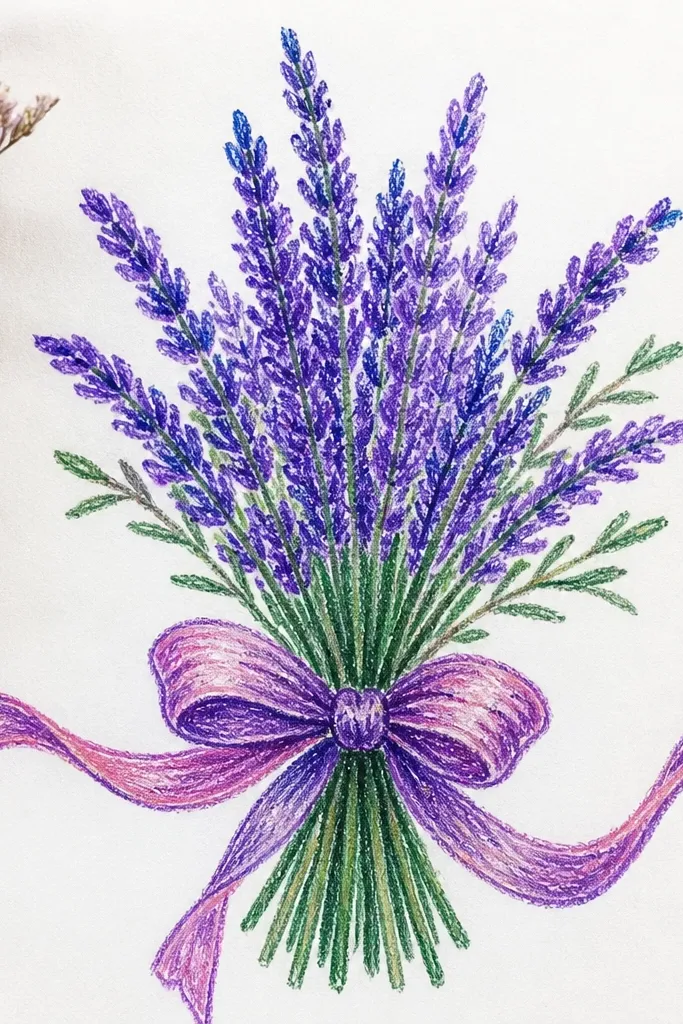 Lavender bouquet with a ribbon draped across the page