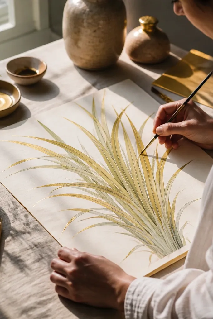 Grass blades drawn with yellow-green highlights and darker olive shadows